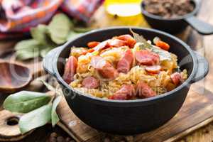 Cabbage braised with sausages, sauerkraut. German cuisine.