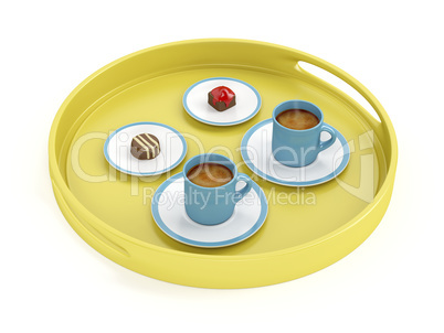 Plastic tray with coffee and chocolate candies