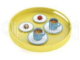 Plastic tray with coffee and chocolate candies