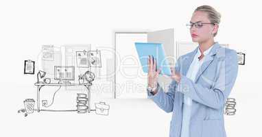 Businesswoman using tablet PC against graphics by door