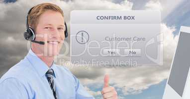 Customer service executive showing thumbs up by dialog box