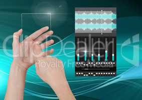 Hand Touching Glass Screen and Sound Music and Audio production engineering equalizer App Interface