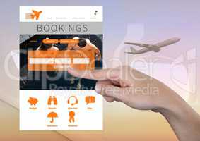 Hand Touching Bookings Holiday break App Interface with airplane