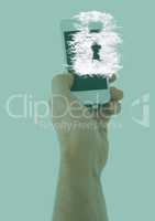 Hand with phone and cloud lock graphic with blue overlay