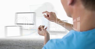 Doctor touching glass device against blurry screens