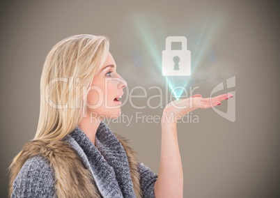 Woman with lock graphic and blue flare against brown background