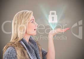 Woman with lock graphic and blue flare against brown background