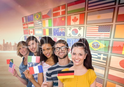 panel with flags near the city. Students with flags