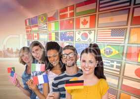 panel with flags near the city. Students with flags