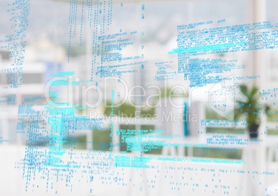 Blue code against blurry white office