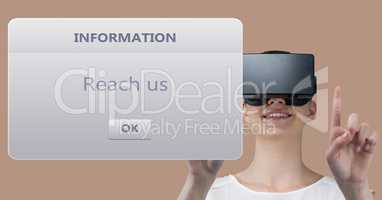 Woman wearing VR glasses with dialog box in front