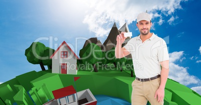 Delivery man showing blank card against low poly earth