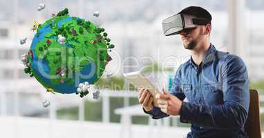 Man using VR glasses and tablet PC by low poly earth