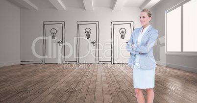 Businesswoman with arms crossed against drawn light bulbs on doors