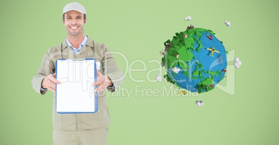 Delivery man showing blank clipboard by low poly earth