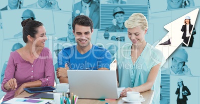 Hipsters using laptop at desk against graph