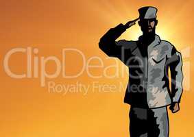 Cartoon soldier saluting against sun