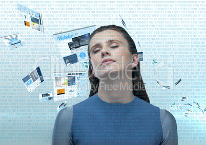 panels with websites flying and numbers in blue in front. Futuristic clothes woman with his eyes clo
