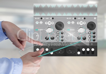 Hand Touching Glass Screen Sound Music and Audio production engineering equalizer App Interface