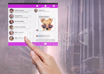 Hand touching Social Media App Interface in city