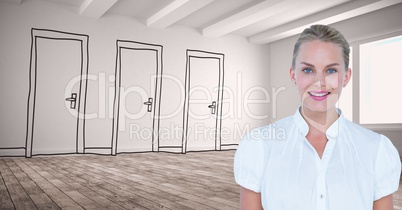 Confident businesswoman smiling against drawn doors on wall