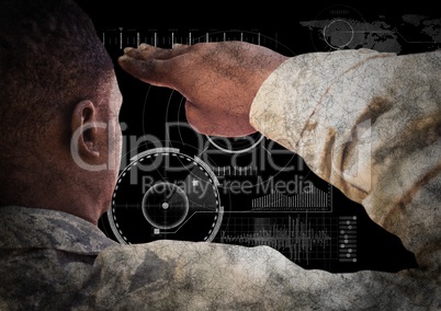 Back of soldier saluting against black background with interface