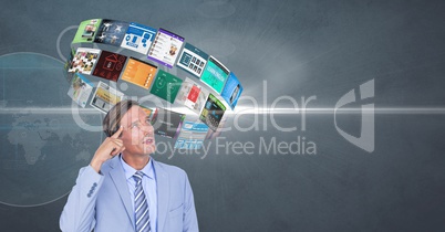 Businessman with flying panels over head