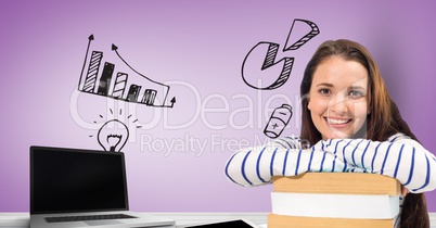 Female student with laptop and books against graphics