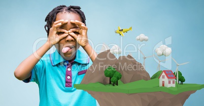 Little girl looking through finger binoculars with low poly earth on foreground