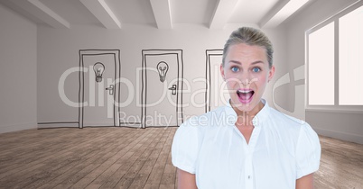 Businesswoman screaming against drawn doors