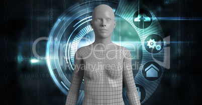 Digital composite image of 3d female over graphics