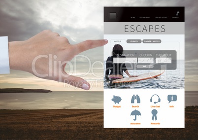 Hand Touching Escapes Holiday break App Interface with sea