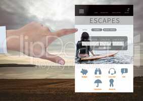 Hand Touching Escapes Holiday break App Interface with sea