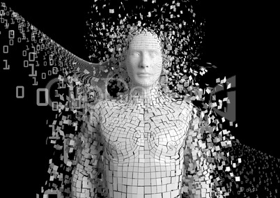 3d human made of binary code and pieces