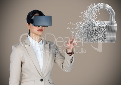Business woman in VR touching 3D lock graphic against brown background