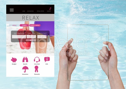 Hand holding glass screen Relax holiday break App Interface with water