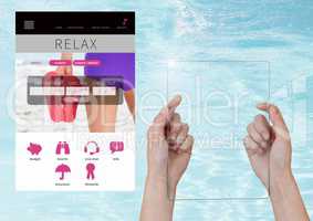 Hand holding glass screen Relax holiday break App Interface with water