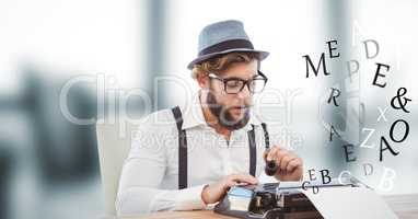 Hippie businessman using typewriter while letters flying in office