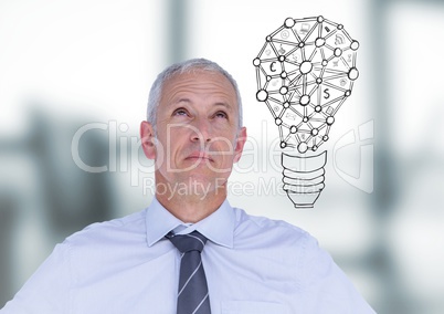 Business man thinking with lightbulb doodle against blurry grey office