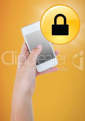 Hand with phone and yellow lock graphic with flare against yellow background