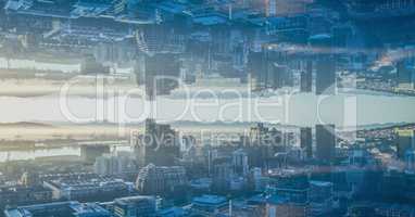 Digital composite image of upside down city