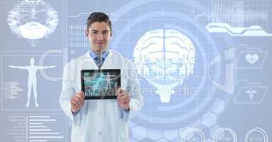 Doctor showing medical signs over futuristic background