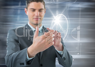 Digital composite image of businessman touching device