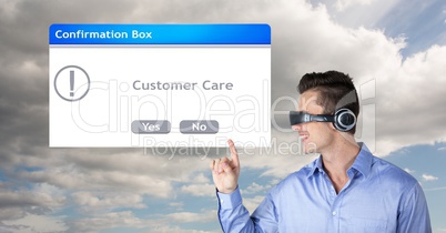 Businessman wearing VR headphones while pointing at customer care dialog box
