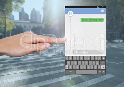 Hand Touching Social Media Messenger App Interface on street road pick up