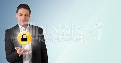Business man with yellow lock graphic and flare in hand against blue background