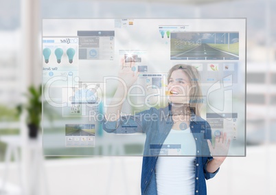 panels with websites. Office background, happy young woman  doing thing on the screen