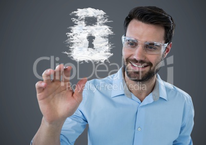 Man reaching for cloud lock graphic against grey background