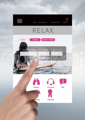 Hand touching Booking Relax holiday break App Interface