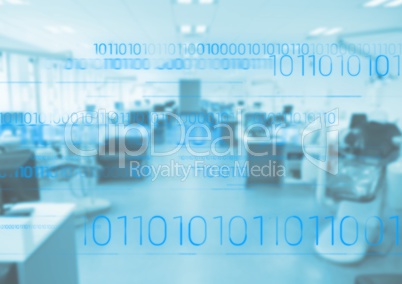 Blue binary code against blurry blue office